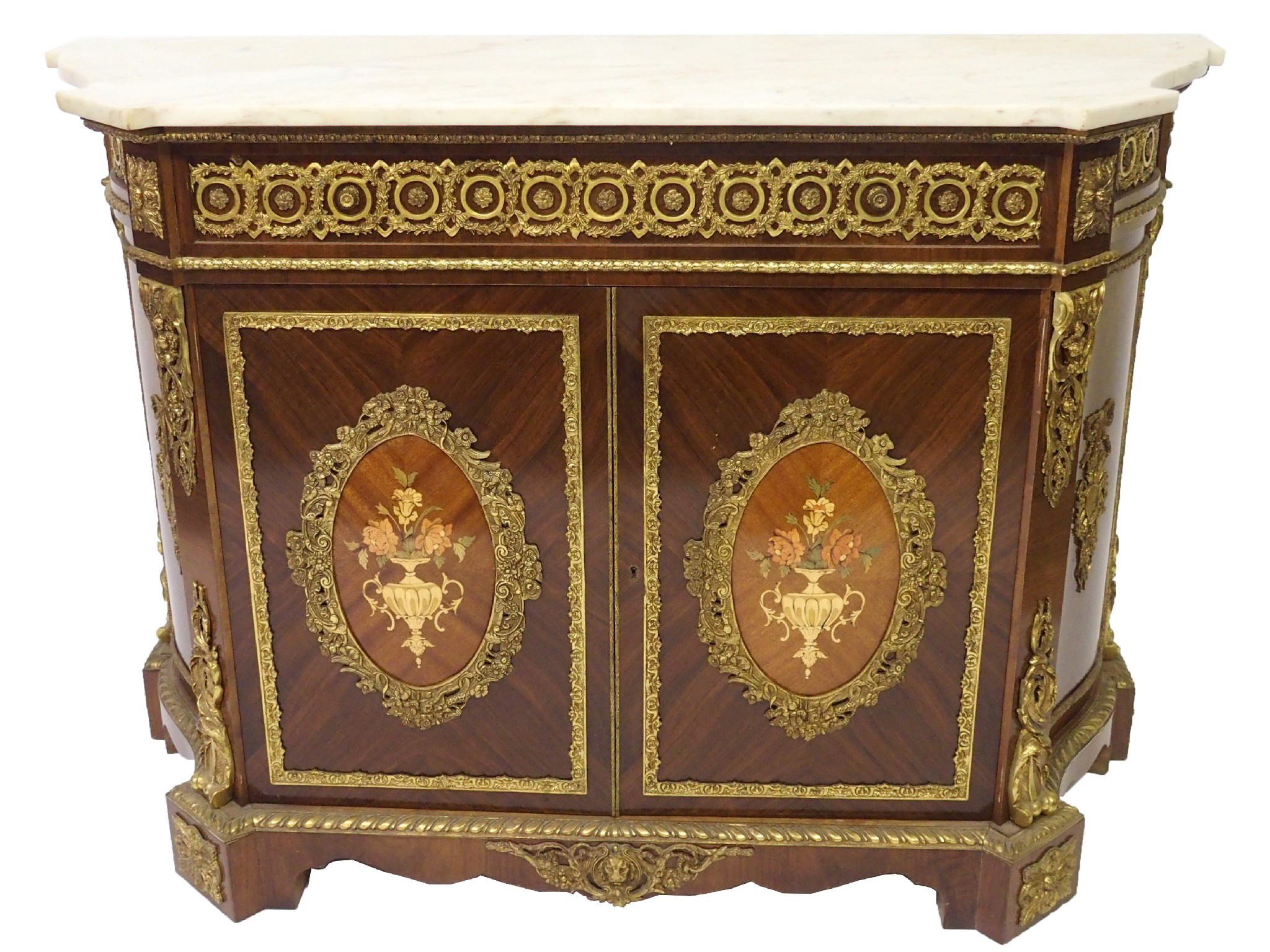 Appraisal: A French rosewood and marquetry cabinet with marble topabove pierced