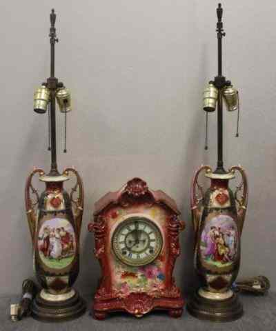 Appraisal: Royal Bonn China Clock with a Pair of PorcelainLamps From