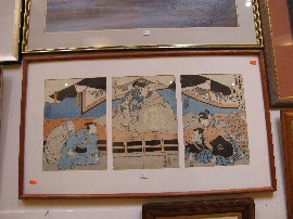 Appraisal: JAPANESE SCHOOL KABUKI SCENE TRIPTYCH WOODBLOCK