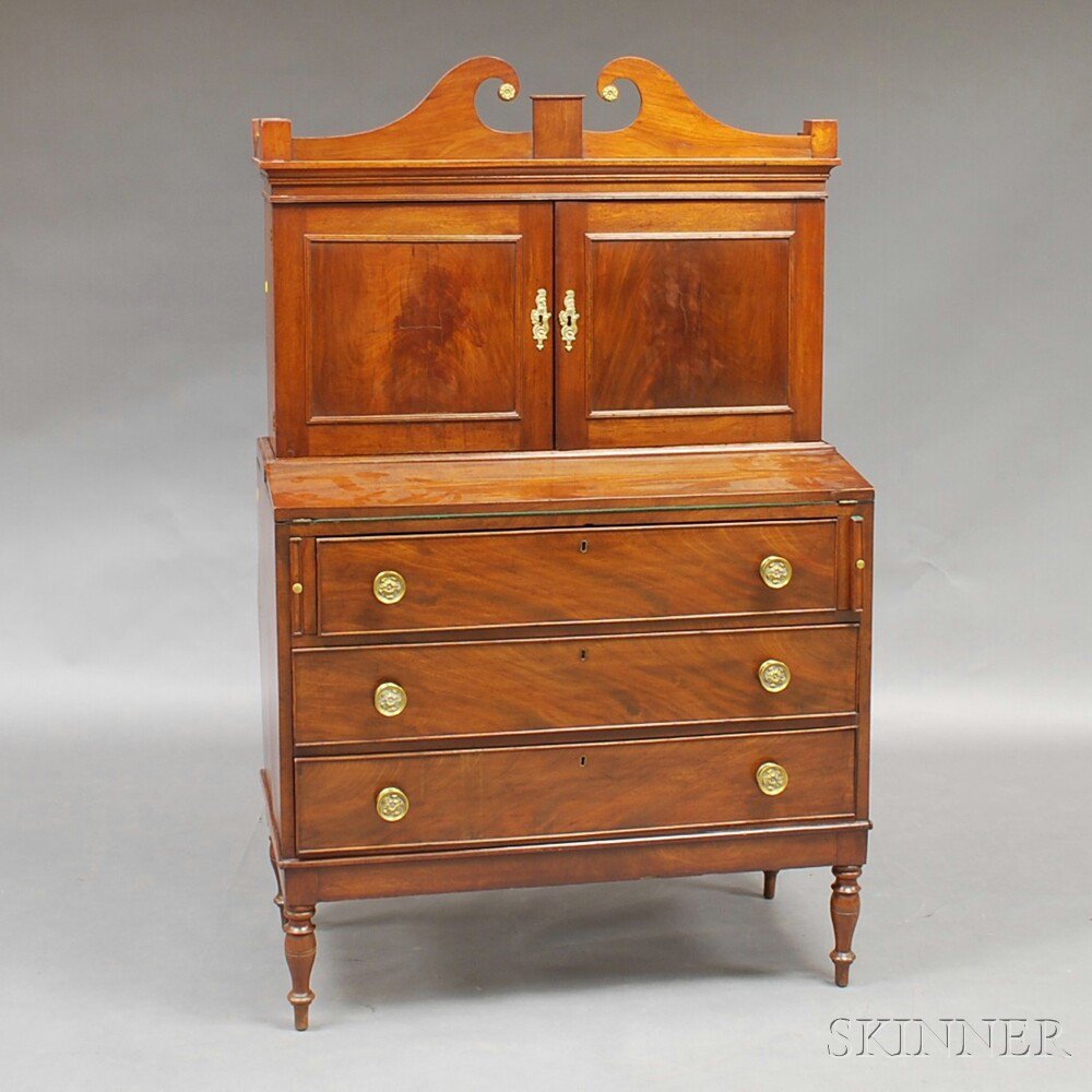 Appraisal: Federal Mahogany Veneer Bureau Bookcase probably Massachusetts the broken-arch pediment