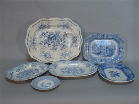 Appraisal: SIX ENGLISH IRONSTONE PIECES Including a well-and-tree platter Amaranthine Flowers