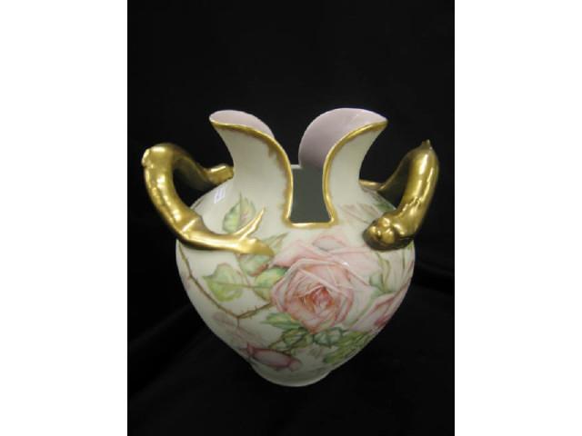 Appraisal: Fine Handpainted Porcelain Vase with gold serpent handles satin finish