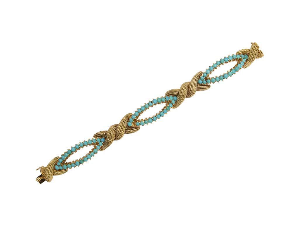 Appraisal: K Gold and Turquoise Bracelet comprising three sections of twisted