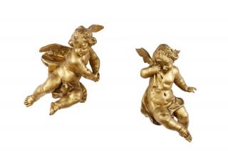 Appraisal: Pair Carved Italian Giltwood Winged Putti Continental likely Italian late