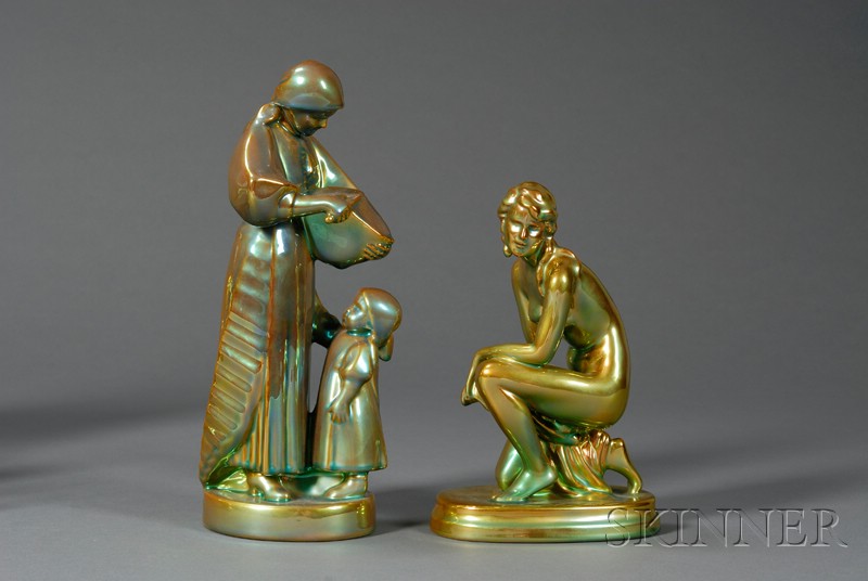 Appraisal: Two Zsolnay Green Eosin Figures Hungary th century comprising a