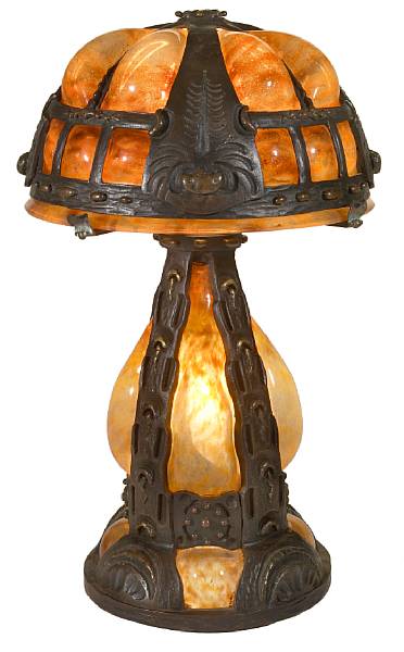 Appraisal: A Daum Nancy mottled glass and Majorelle wrought-iron lamp circa