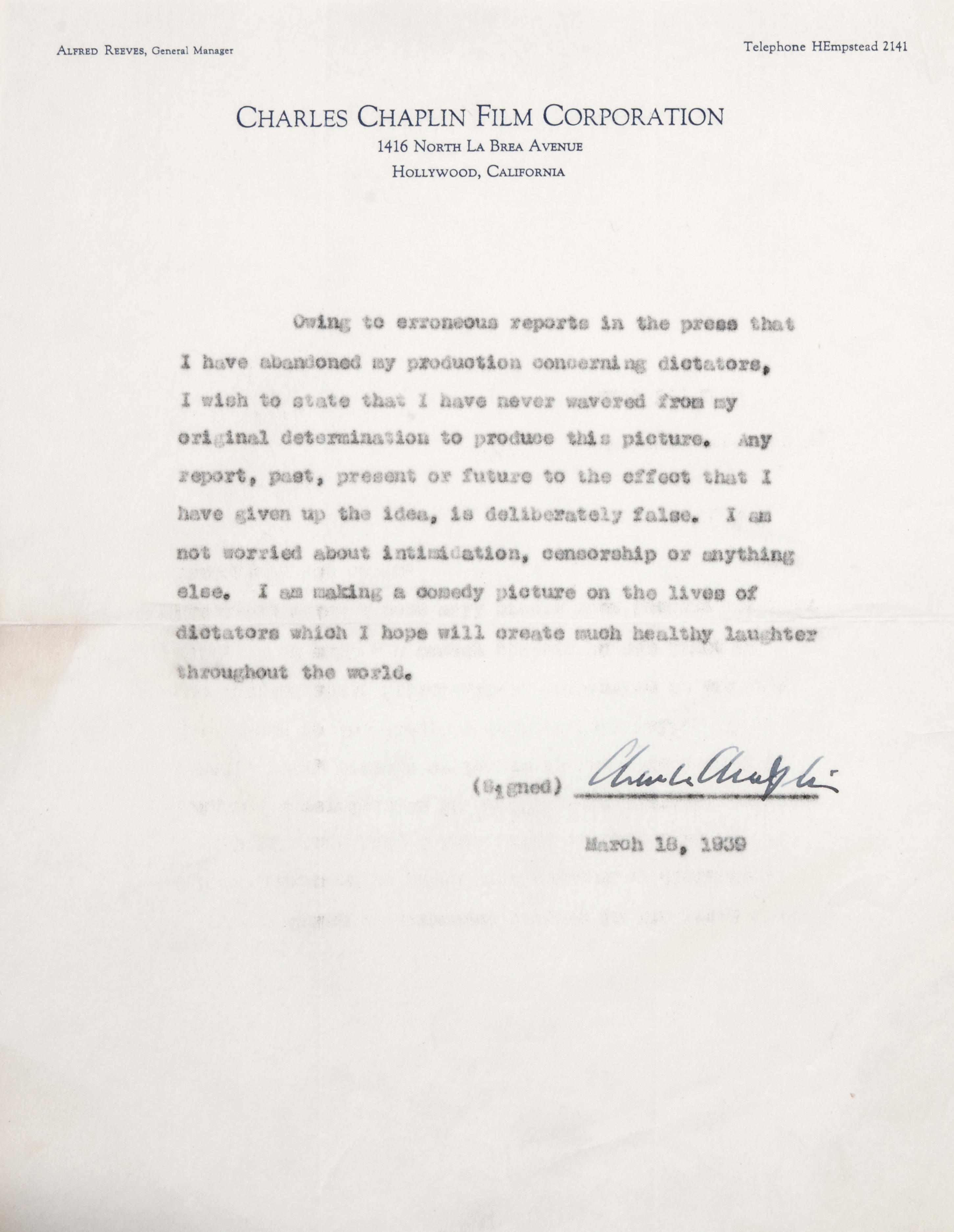 Appraisal: CHAPLIN CHARLES Document Signed ''Charles Chaplin'' p to Hollywood CA