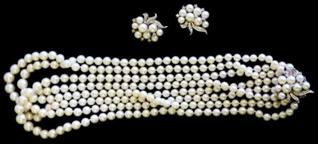 Appraisal: JEWELRY kt White Gold Diamond and PearlNecklace and Earrings strand