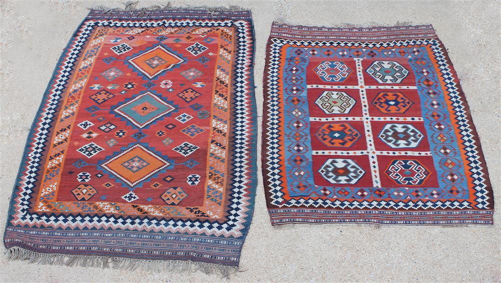 Appraisal: TWO CAUCASIAN WOOL KILIMS both having geometric designs fringed primarily