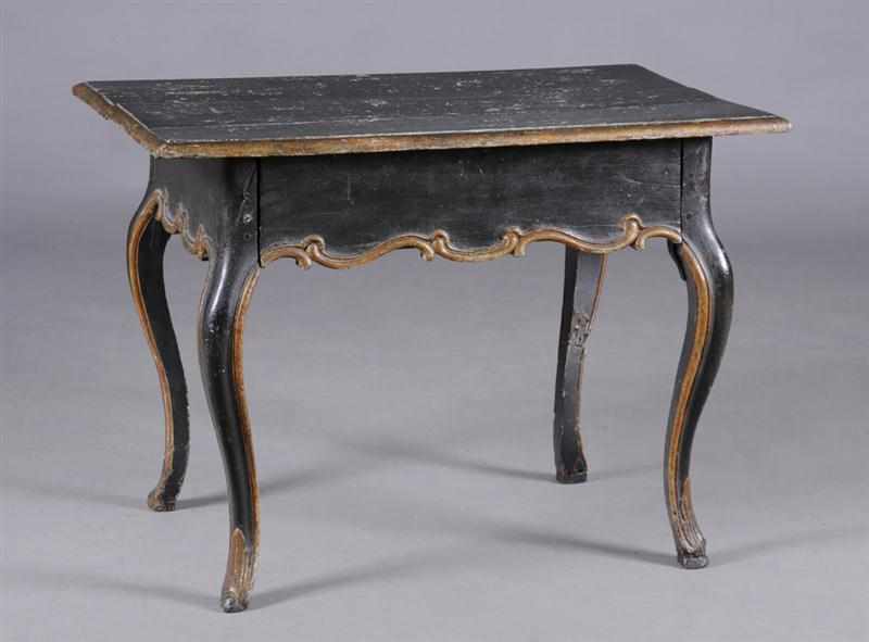 Appraisal: ITALIAN ROCOCO BLACK PAINTED AND PARCEL-GILT TABLE With an over