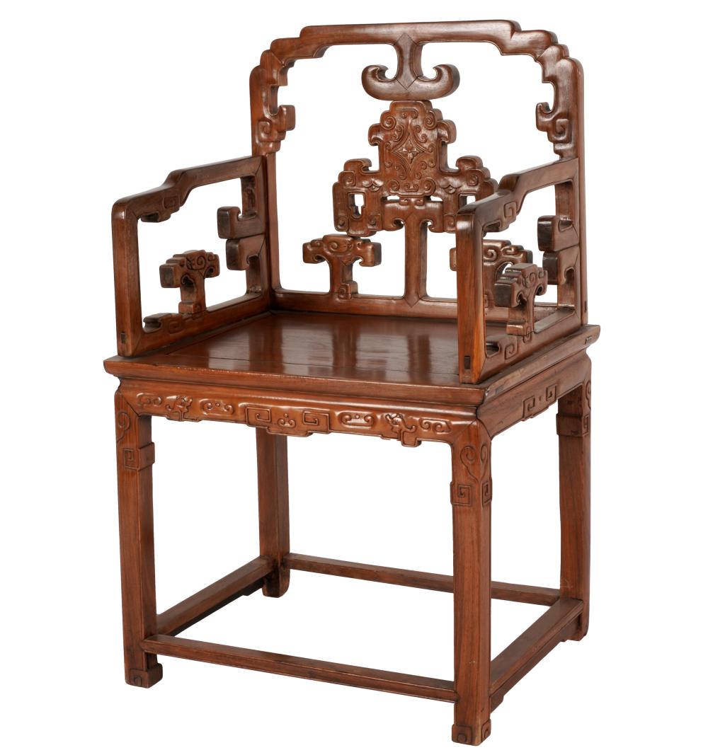 Appraisal: CHINESE CARVED HARDWOOD CHAIRunsigned Condition slight fading to arms and