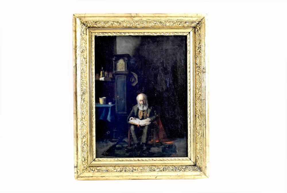 Appraisal: EUROPEAN SCHOOL TH CENTURY Domestic Interior with Elderly Gentleman Seated