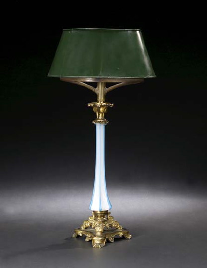 Appraisal: Good Napoleon III Gilt-Brass-Mounted Blue-Over-White Opaline Glass Solar Parlor Lamp