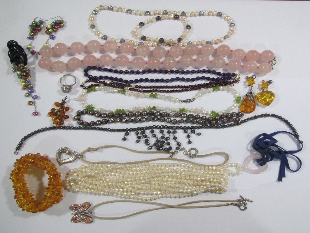 Appraisal: Lot comprising rose quartz beads cultured pearl necklaces amber heart