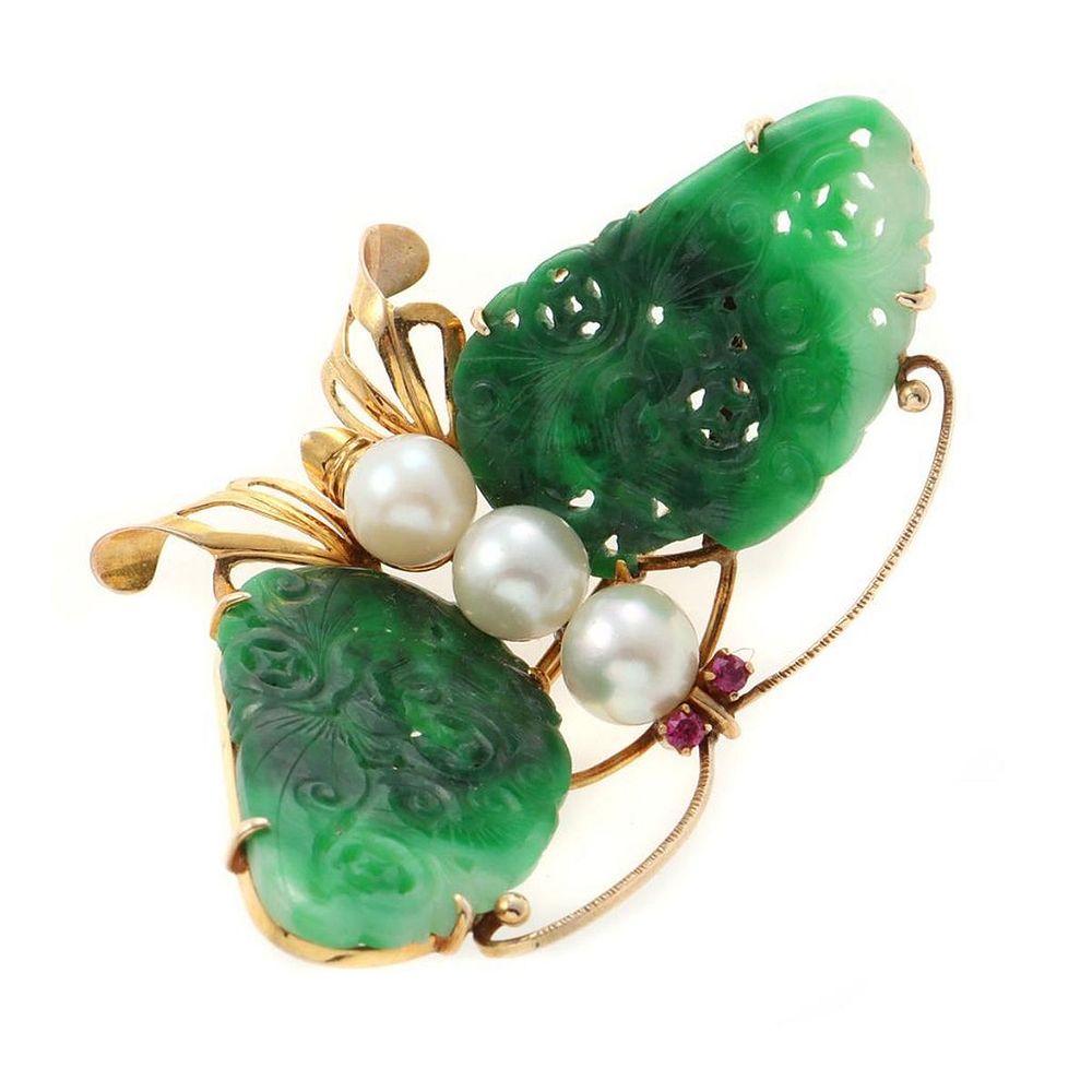 Appraisal: Jade cultured pearl red stone k gold butterfly pin gross