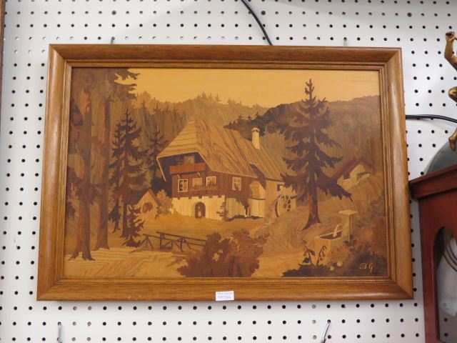 Appraisal: Marquetry Inlaid Artwork mixed woods swiss chalet signed B G