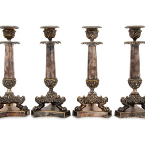 Appraisal: A Set of Four Neoclassical Silvered Bronze Candlesticks th Century