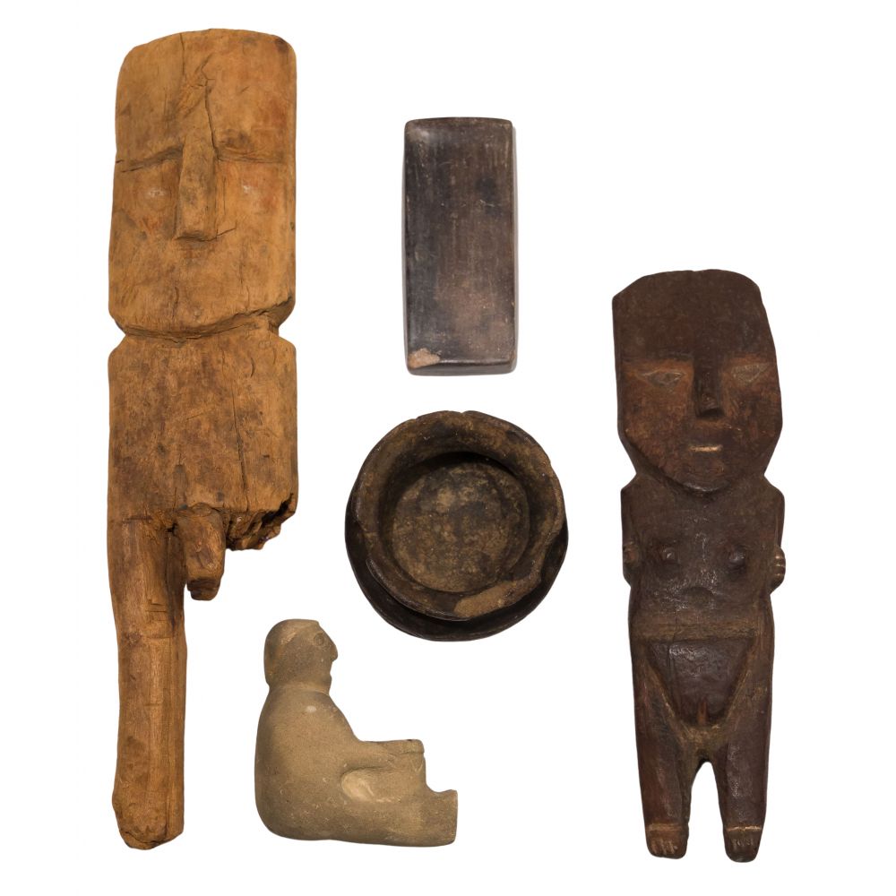 Appraisal: ETHNOGRAPHIC CARVED WOOD AND POTTERY ASSORTMENT items including wood figures