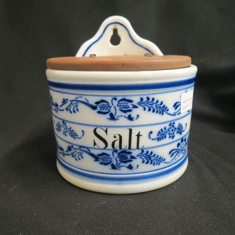 Appraisal: Blue Onion Porcelain Salt Box hinged wooden lid excellent