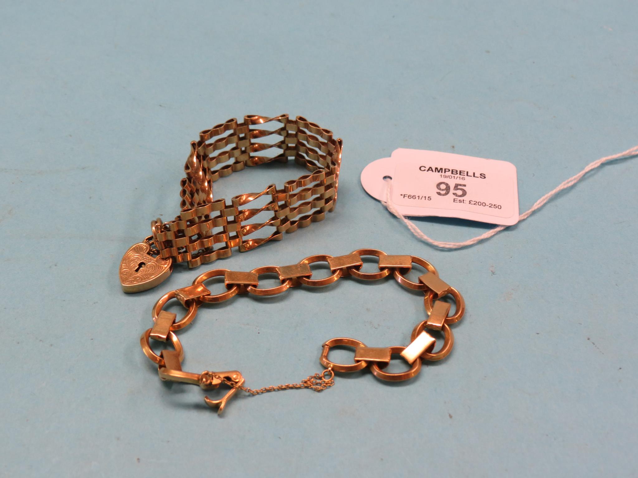 Appraisal: A ct gold gate-link bracelet with padlock clasp grams and