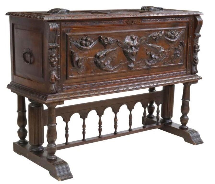 Appraisal: Spanish Renaissance Revival carved trunk on stand early th c