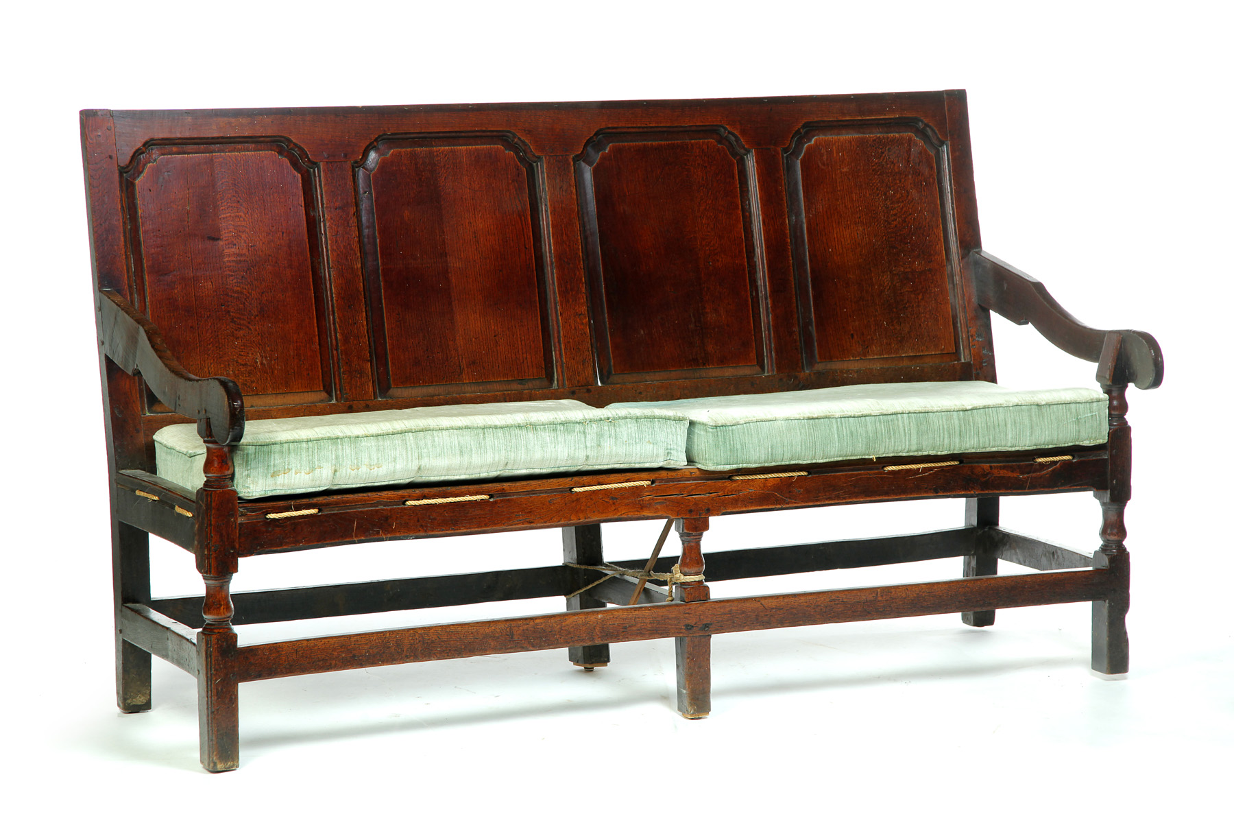 Appraisal: ENGLISH QUEEN ANNE SETTEE Eighteenth century oak Paneled back and