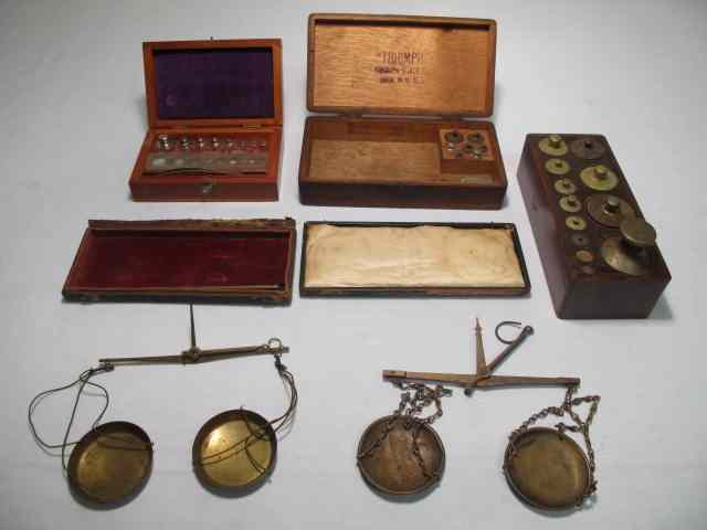 Appraisal: Group lot of antique scales and weights Includes two scales