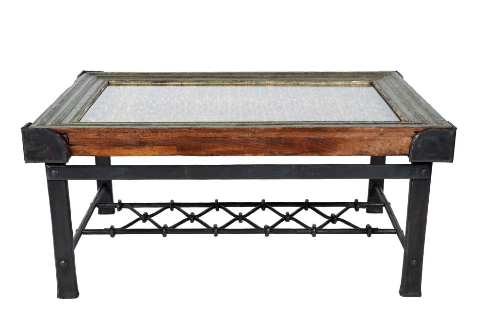 Appraisal: PAINTED WOOD IRON COFFEE TABLEassembled from salvaged architectural fragments with