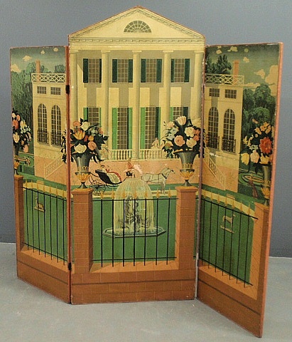 Appraisal: - Three-part dressing screen with canvas panels painted as a