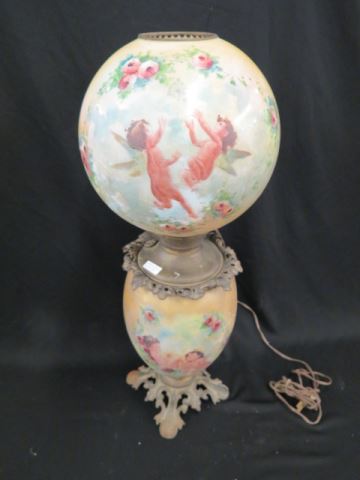 Appraisal: Victorian Parlor Lamp cherub decor matching globe bronzed trim electrified