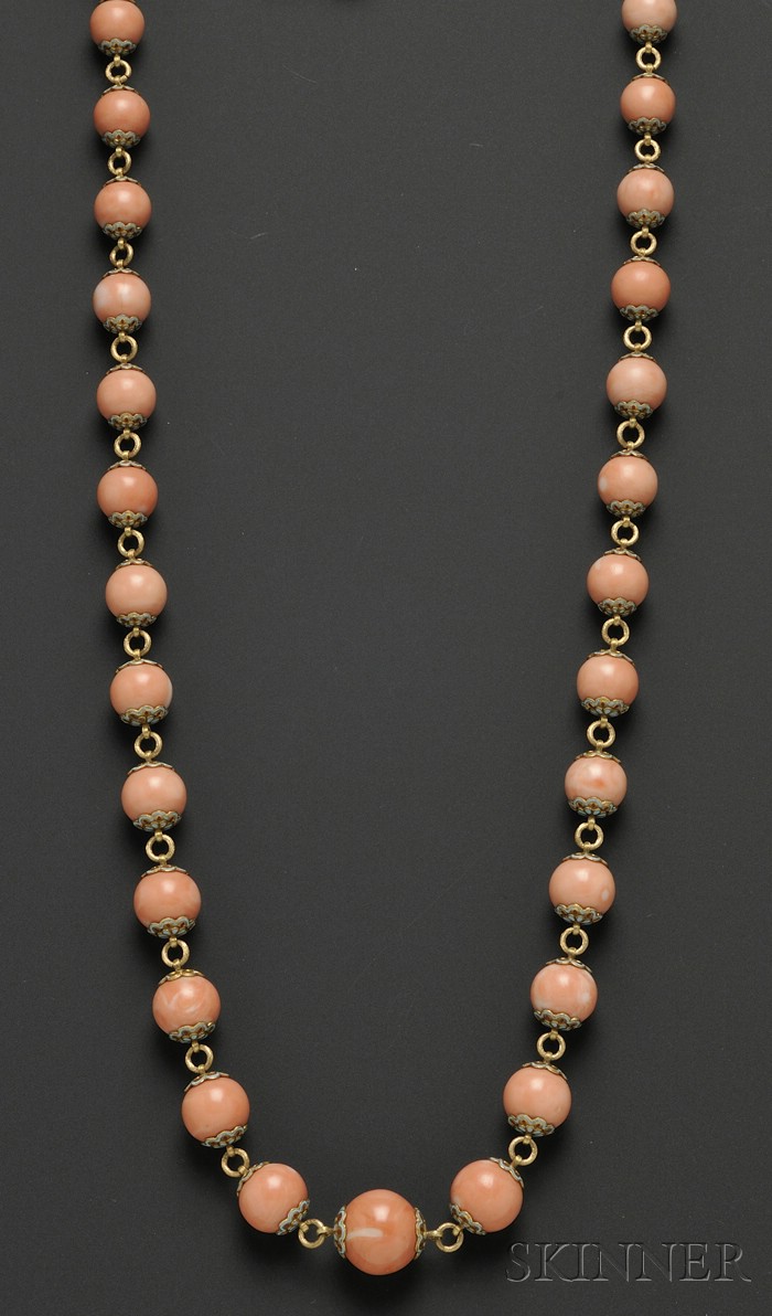 Appraisal: Coral Bead and Enamel Necklace composed of thirty-eight beads graduating