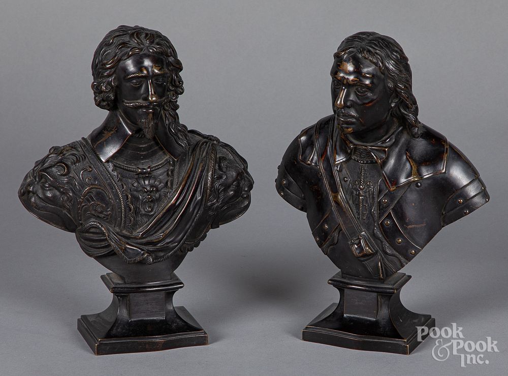 Appraisal: Pair of bronze busts of Cromwell and Charles II Pair