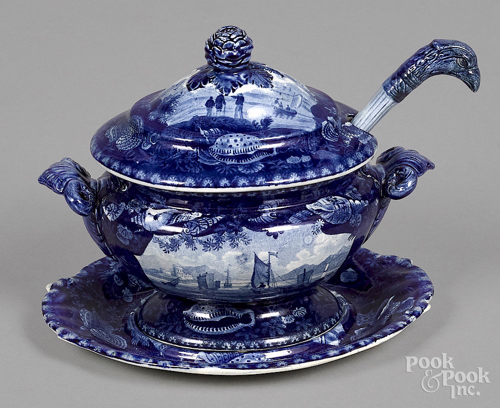 Appraisal: Historical blue Staffordshire sauce tureen Historical blue Staffordshire maritime sauce