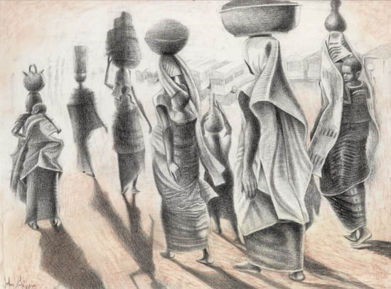 Appraisal: JOHN BIGGERS - Entering the Market Charcoal and sanguine conte