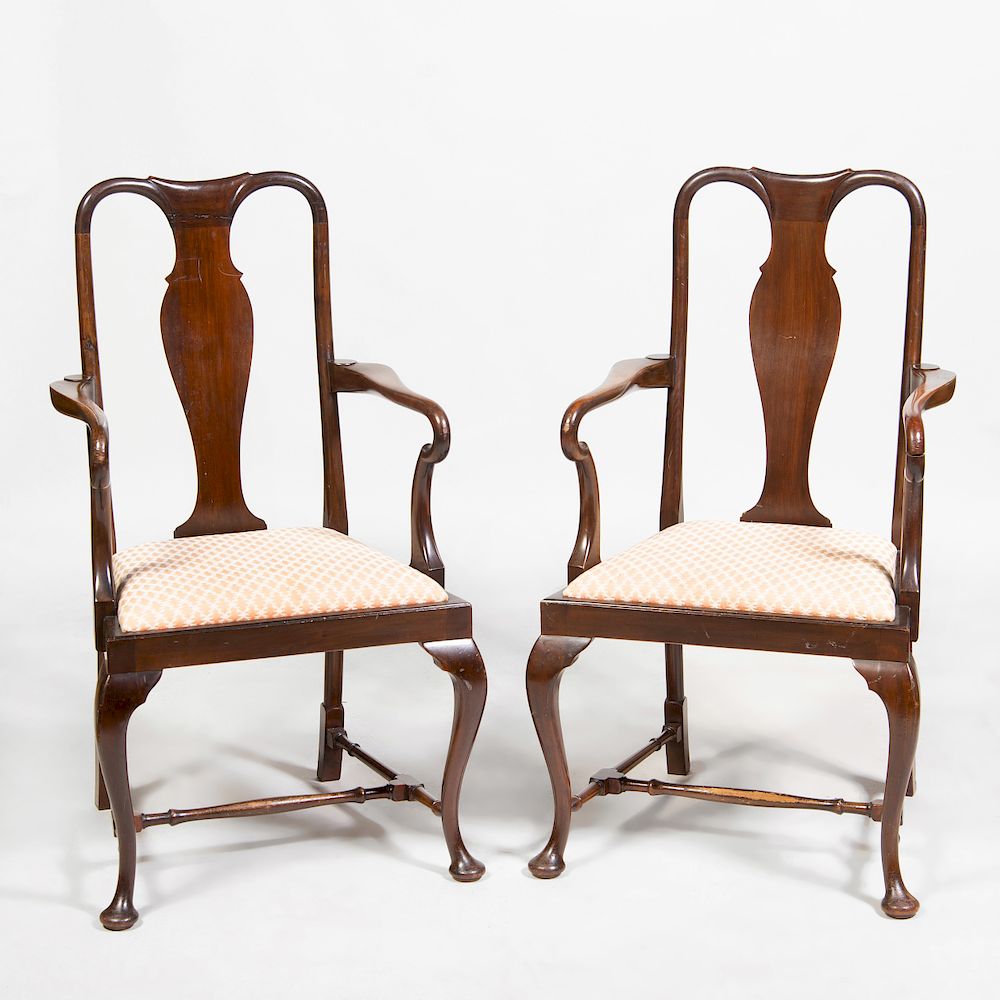 Appraisal: Pair of Queen Anne Style Mahogany Armchairs Each fitted with