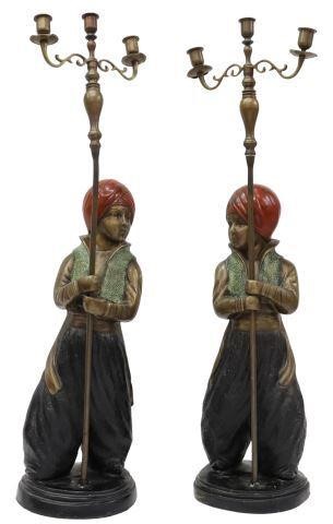 Appraisal: pair Patinated bronze figural candelabra th c each depicting Orientalist