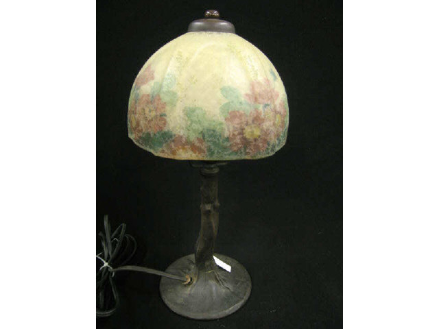 Appraisal: Handel Reverse Painted Boudior Lamp bronzed tree trunk base diameter