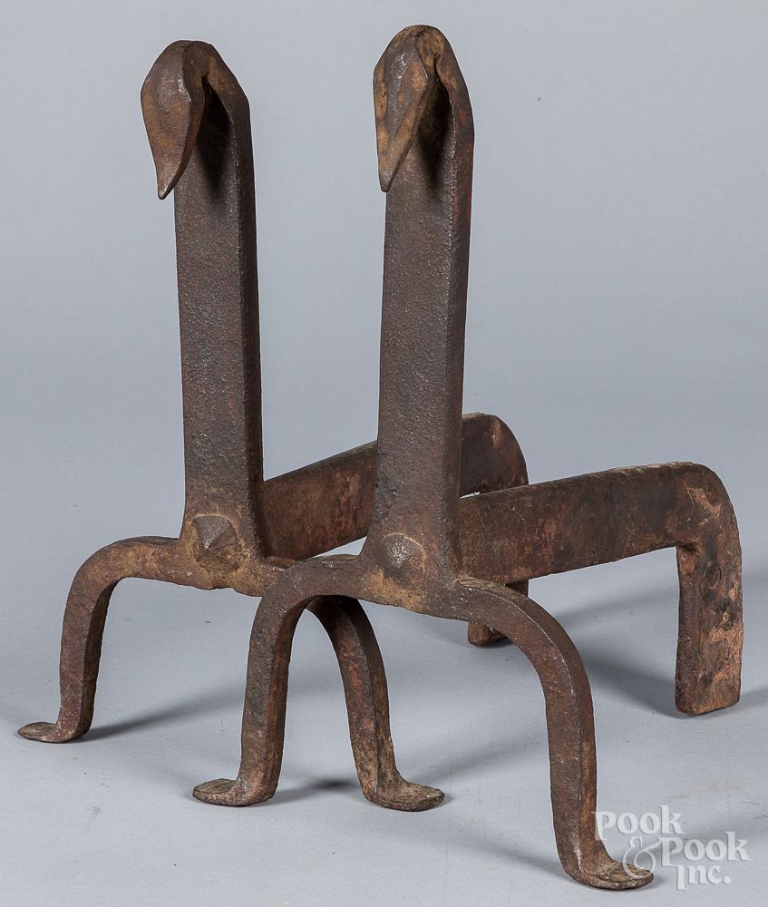 Appraisal: Pair of wrought iron andirons th c Pair of wrought