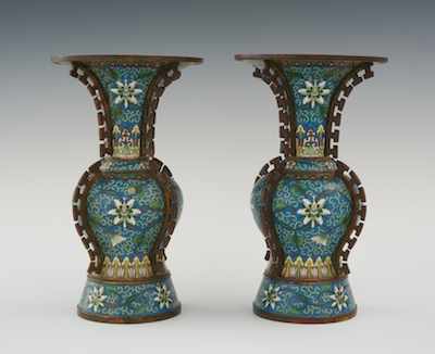 Appraisal: A Pair of Chinese Cloisonne Vases with Fretwork Matched pair