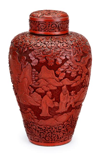 Appraisal: Chinese cinnabar lacquer covered jar th century Of baluster form