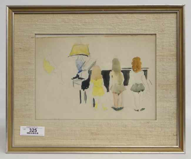 Appraisal: Watercolor girls next to piano signed ''M Ryerson'' Margery Ryerson