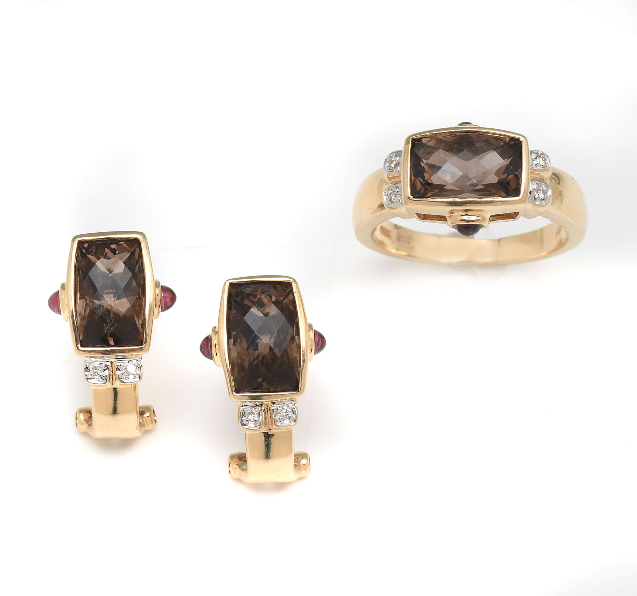 Appraisal: K SMOKY QUARTZ DIAMOND EARRINGS RING K yellow gold ring