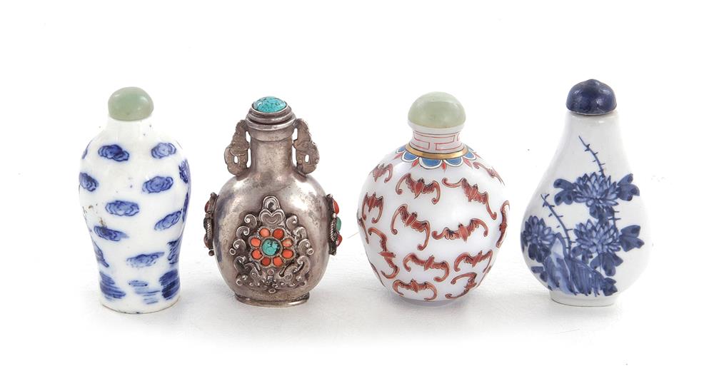 Appraisal: Asian snuff bottle collection th century blue-and-white porcelain H bat-decorated