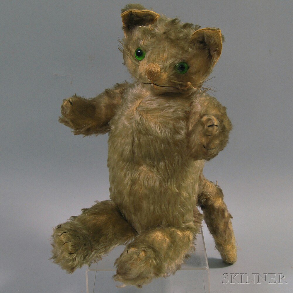 Appraisal: Vintage Stuffed Mohair Upright Cat blond mohair with green and