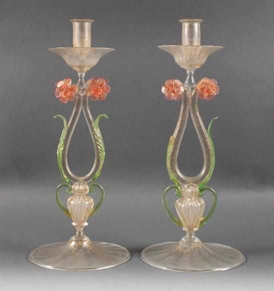 Appraisal: Pair of Venetian gold flecked glass candlesticks with stem-form shaft