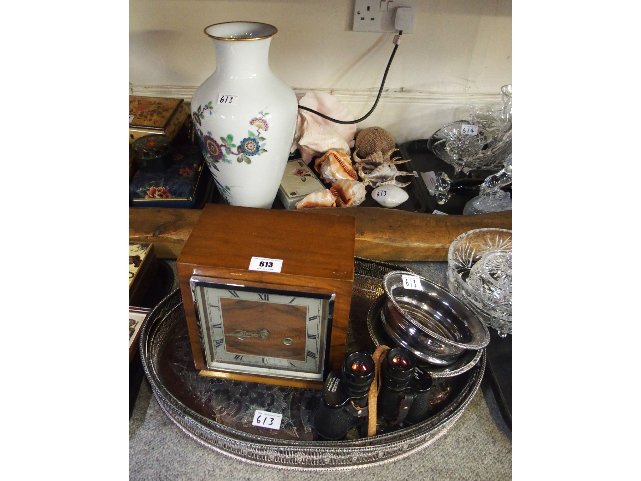 Appraisal: Two trays comprising an oak mantle clock pair of silverplated