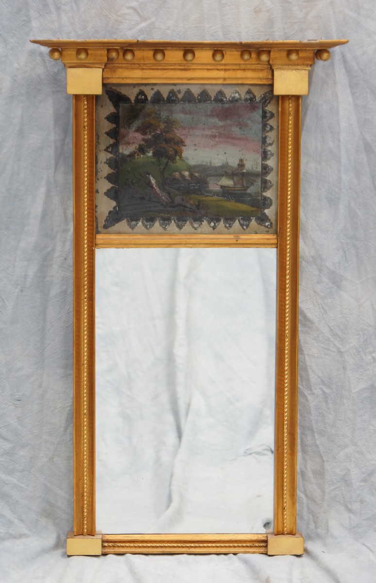 Appraisal: Federal eglomise gilt mirror with reverse glass painted harbor ship