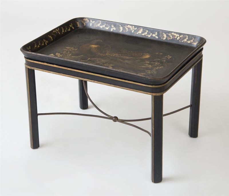 Appraisal: VICTORIAN BLACK-PAINTED AND PARCEL-GILT PAPIER M CH TRAY ON LATER