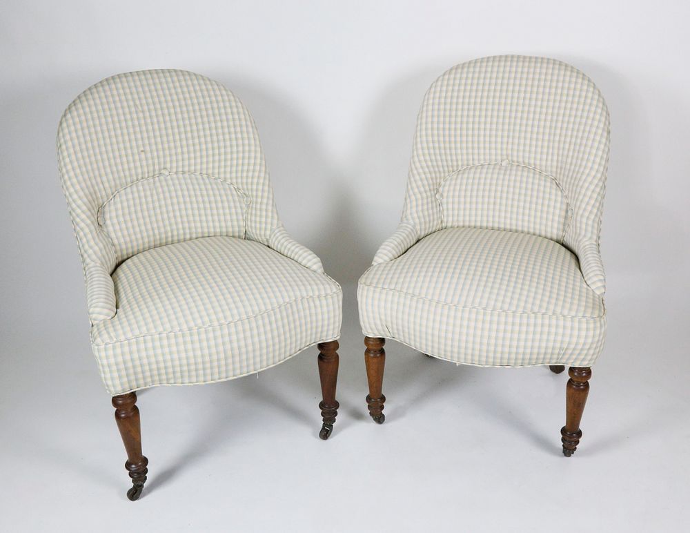 Appraisal: Pair of Gingham Upholstered Slipper Chairs Pair of Gingham Upholstered