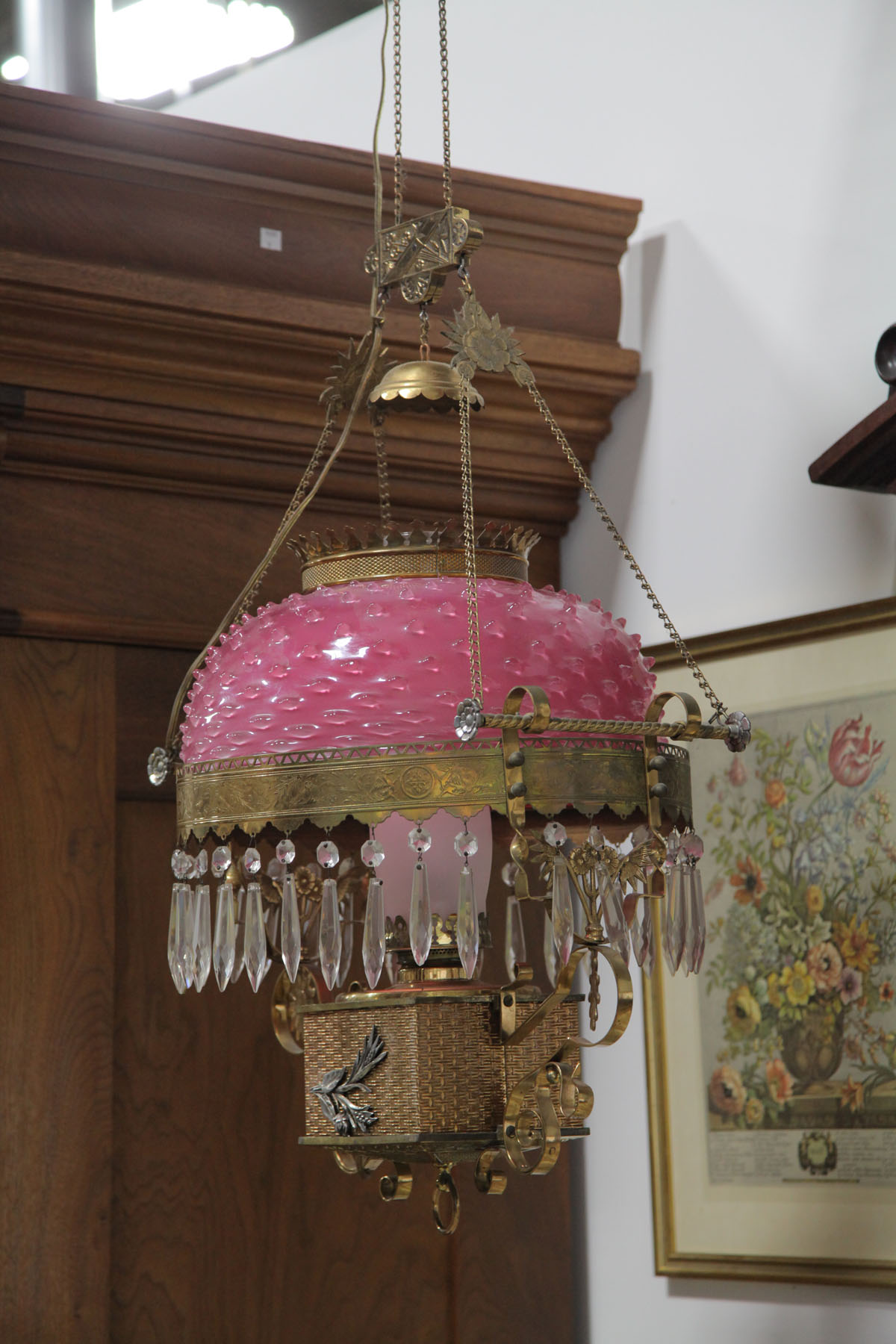 Appraisal: HANGING HALL LIGHT American early th century Brass frame pink